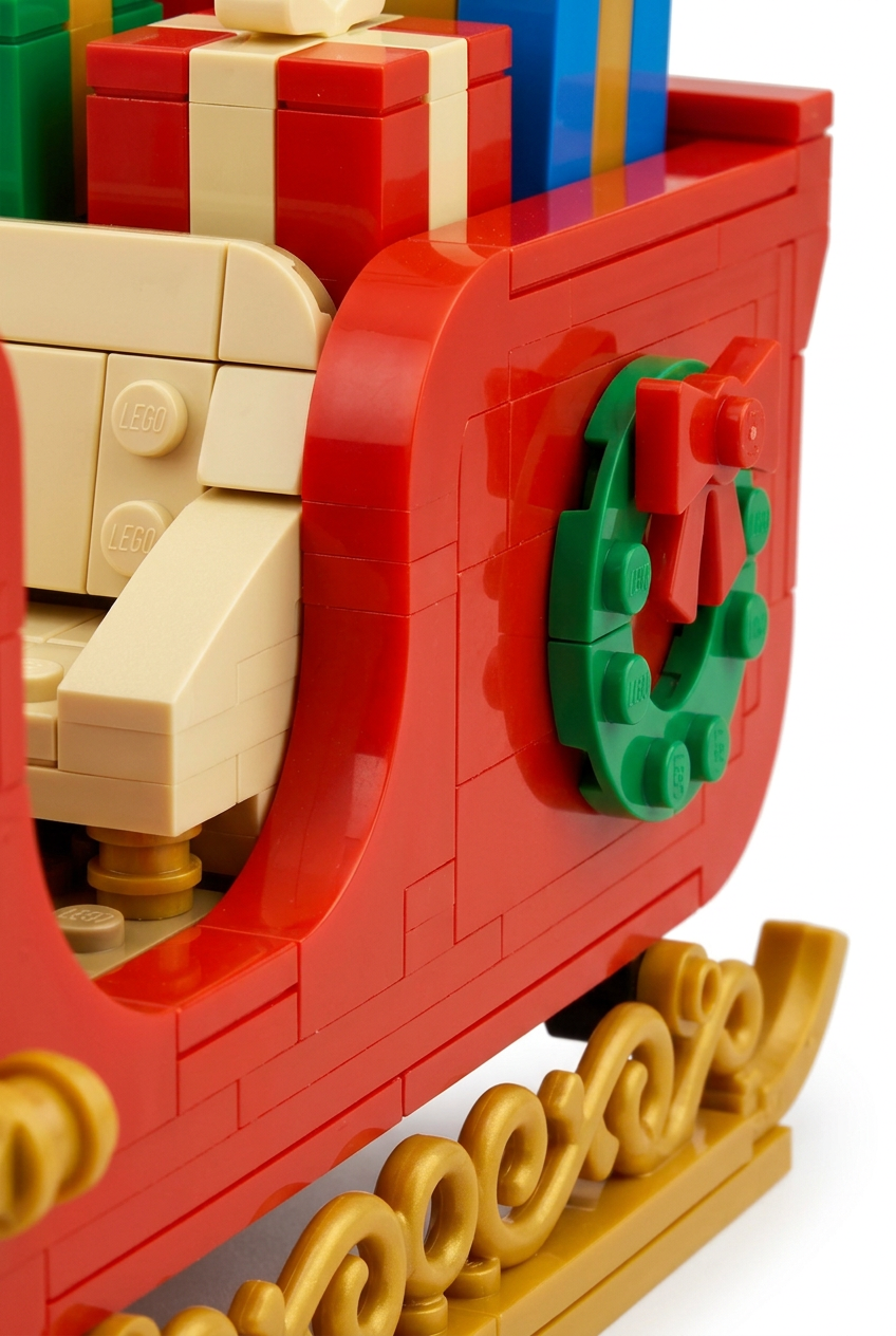 Midnight Gift Run Christmas Sleigh Building Block Toy — A Festive Red & Gold Model Concept with Colorful Presents and a Reindeer Companion