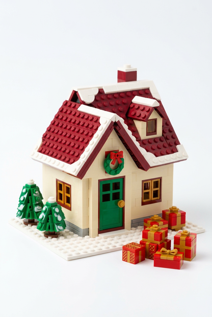 Snowfall Cottage Christmas Building Block Toy — A Red-Roofed Holiday House Concept with Wreath Doorway, Snowy Trees & Gift Details