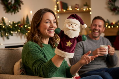 Christmas Curtain Call Santa Hand Puppet — A Burgundy & Ivory Storytelling Character Concept with Green Mittens and a Golden Star