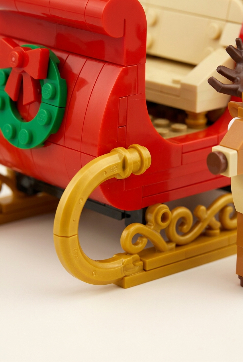 Midnight Gift Run Christmas Sleigh Building Block Toy — A Festive Red & Gold Model Concept with Colorful Presents and a Reindeer Companion