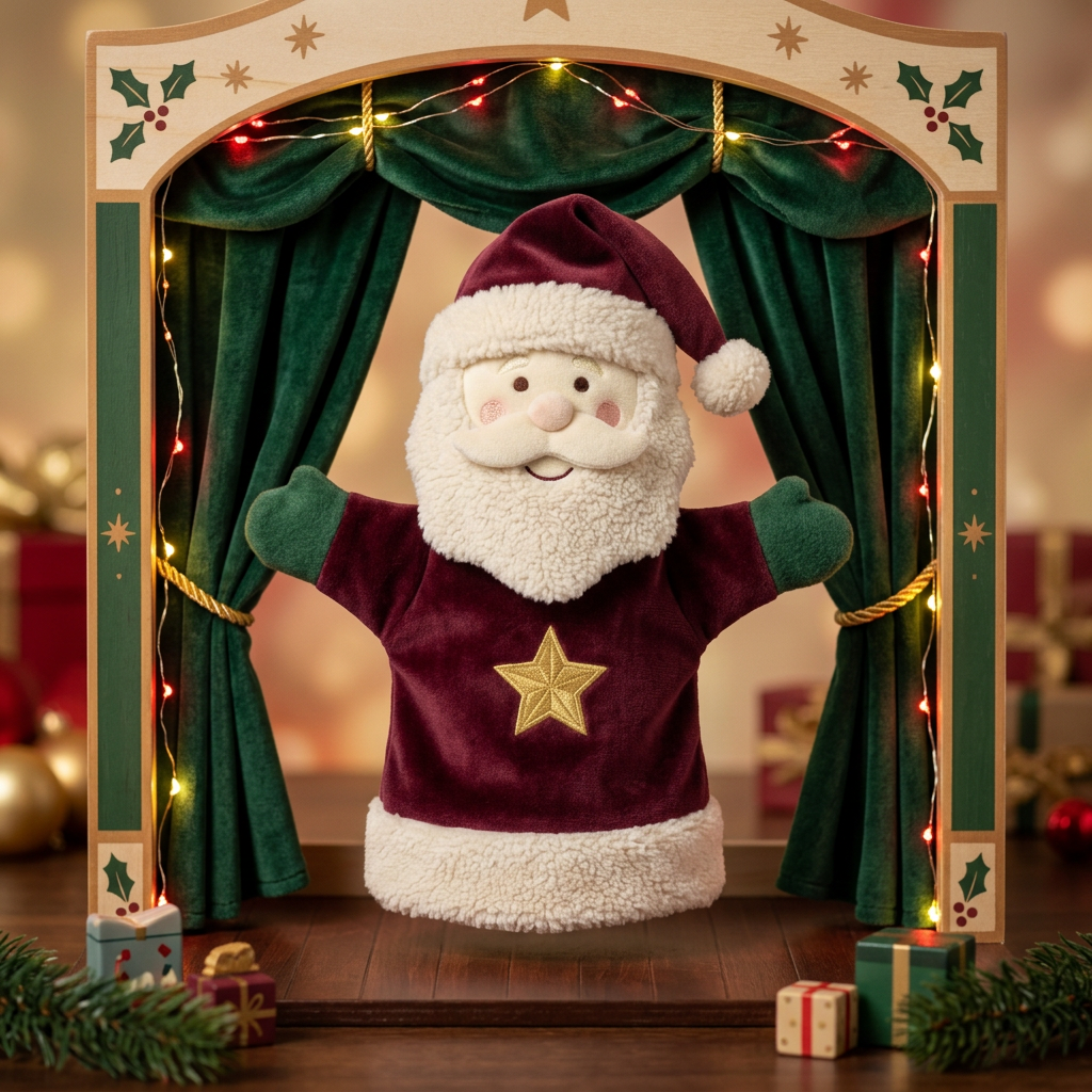 Christmas Curtain Call Santa Hand Puppet — A Burgundy & Ivory Storytelling Character Concept with Green Mittens and a Golden Star