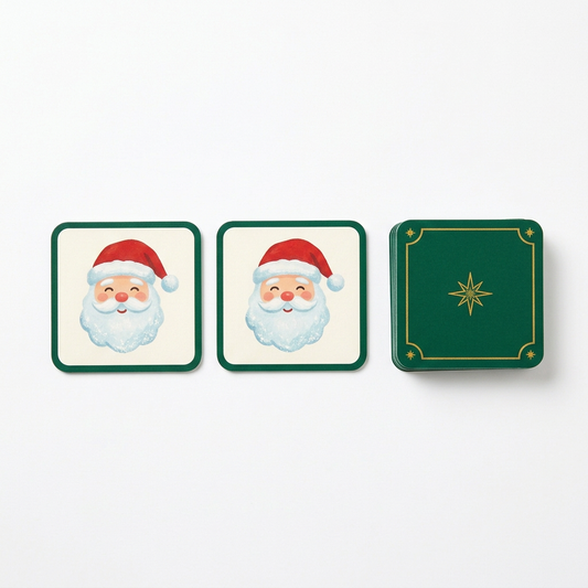 Sample Santa matching card pair beside emerald star-pattern card backs on white