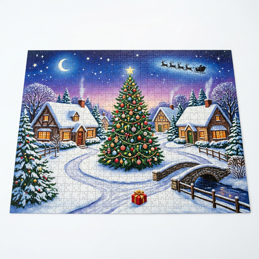 Christmas Eve village jigsaw puzzle concept with moonlit sky cottages and decorated tree on white