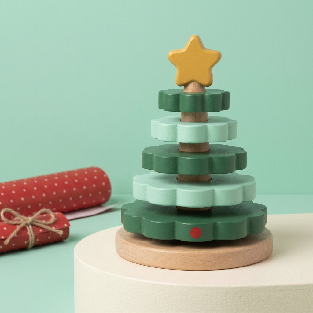 Evergreen Layers Christmas Tree Stacking Toy in Forest & Mint Green — A Star-Topped Festive Building Concept for Tabletop Play