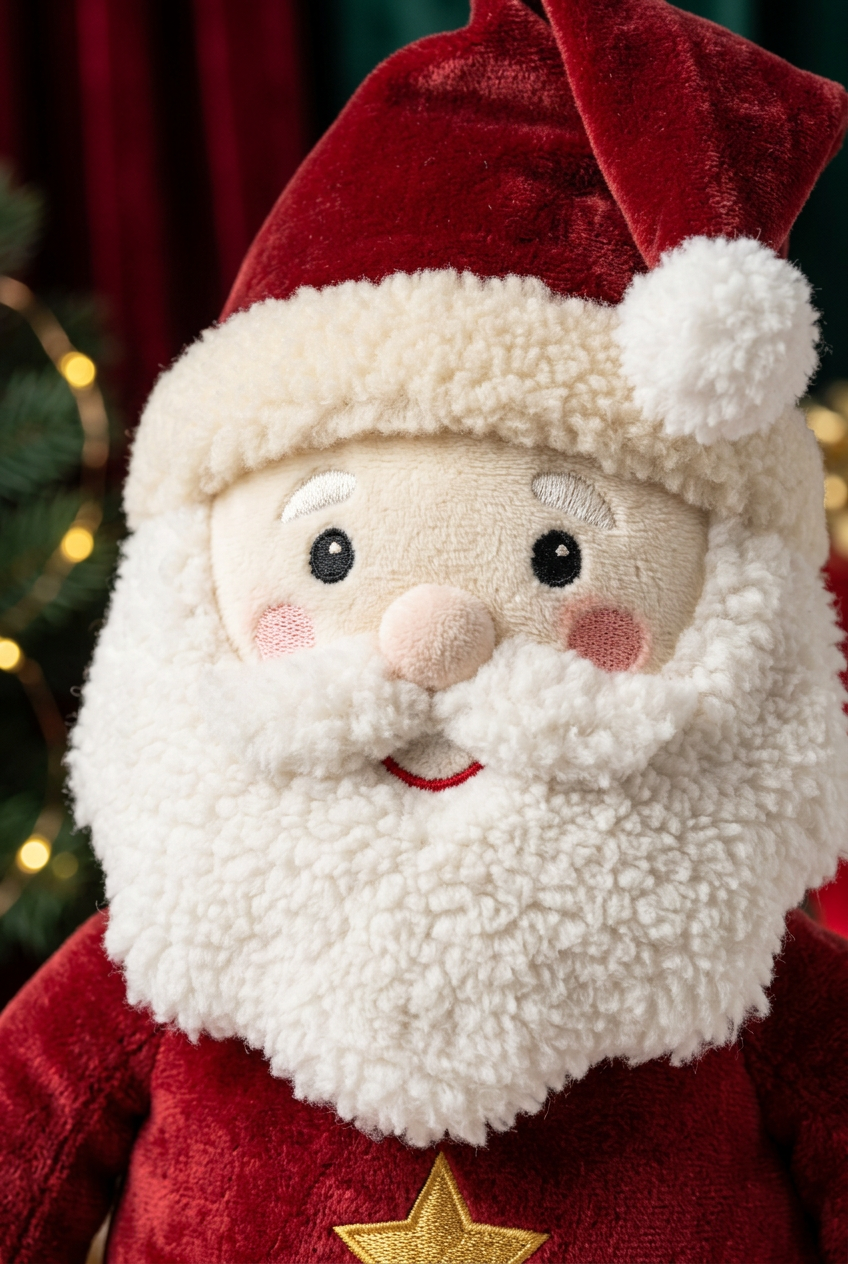Golden Star Santa Plush — A Cheerful Christmas Companion in Festive Red, Emerald Green & Ivory