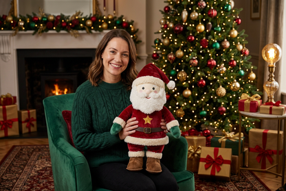 Golden Star Santa Plush — A Cheerful Christmas Companion in Festive Red, Emerald Green & Ivory