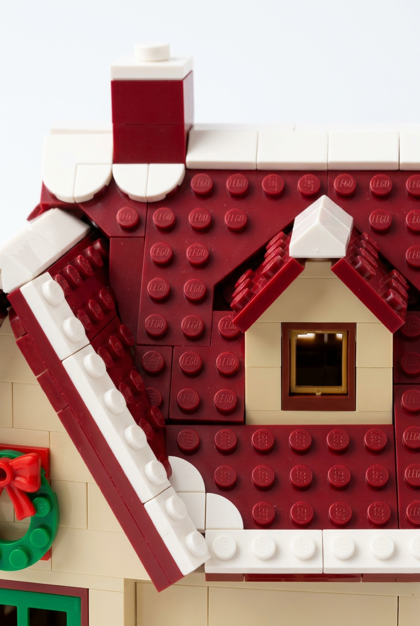 Snowfall Cottage Christmas Building Block Toy — A Red-Roofed Holiday House Concept with Wreath Doorway, Snowy Trees & Gift Details