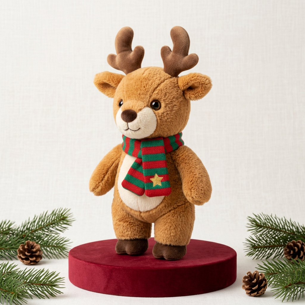 Woodland Star Christmas Reindeer Plush with Red & Green Scarf — A Festive Friend for Winter Stories and Thoughtful Gifting