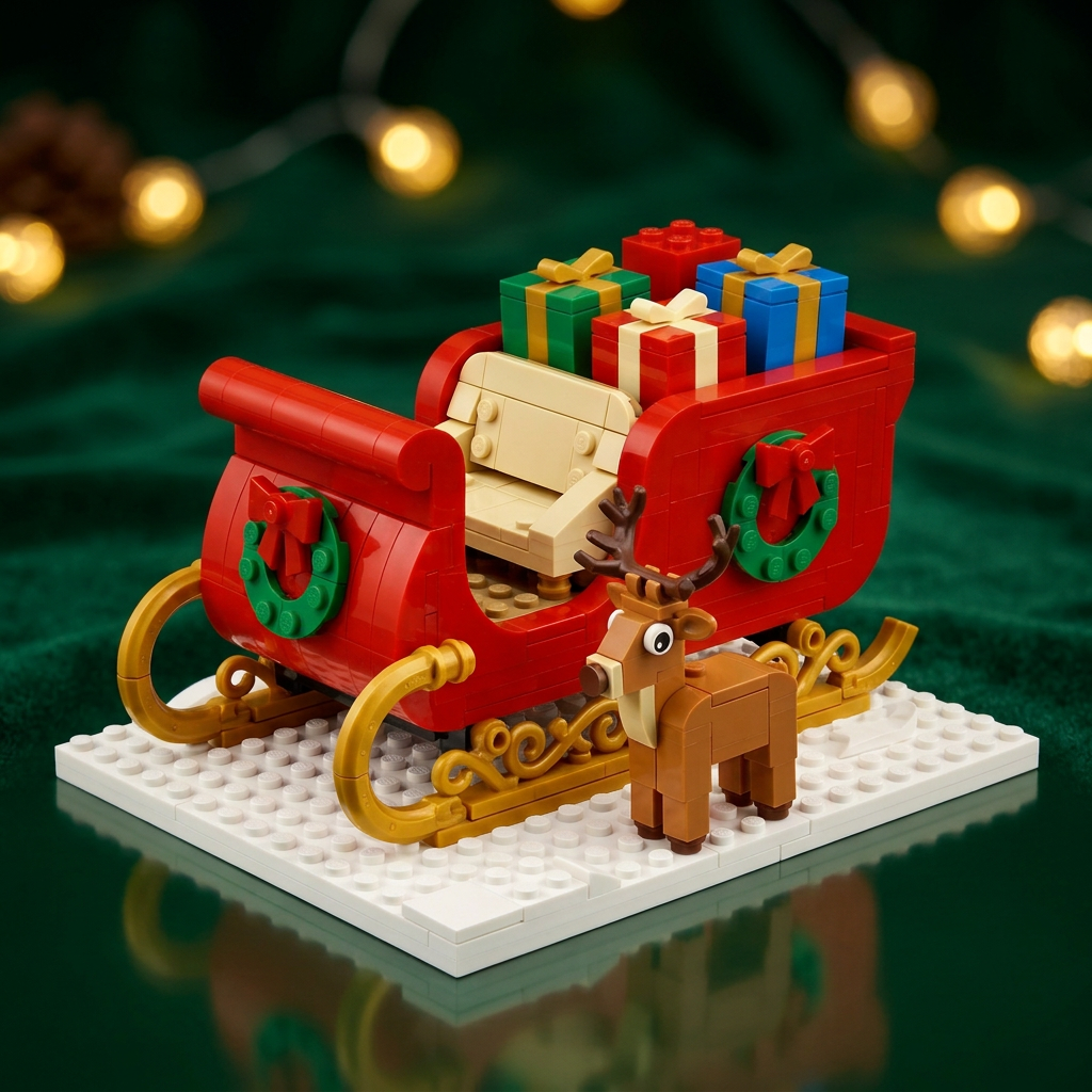 Midnight Gift Run Christmas Sleigh Building Block Toy — A Festive Red & Gold Model Concept with Colorful Presents and a Reindeer Companion