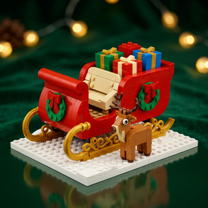 Midnight Gift Run Christmas Sleigh Building Block Toy — A Festive Red & Gold Model Concept with Colorful Presents and a Reindeer Companion