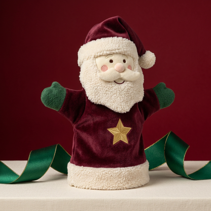 Christmas Curtain Call Santa Hand Puppet — A Burgundy & Ivory Storytelling Character Concept with Green Mittens and a Golden Star
