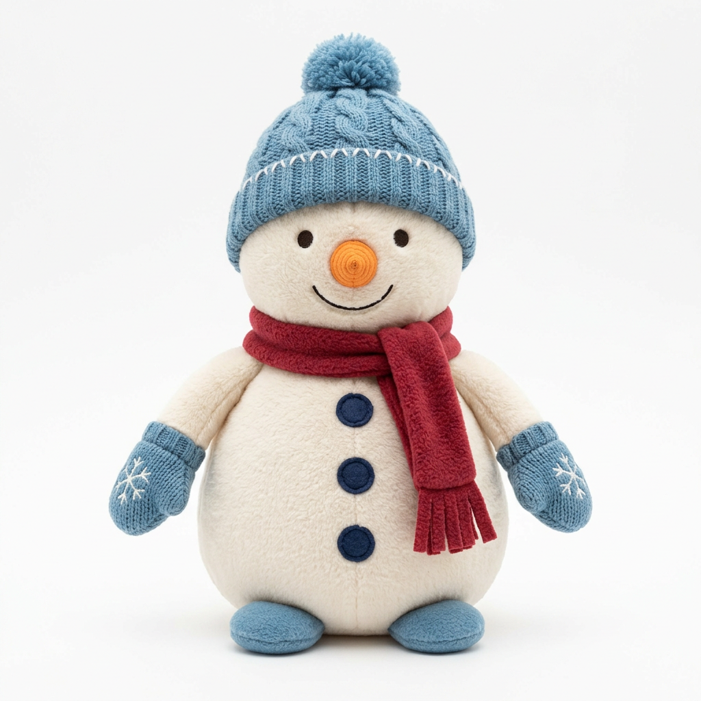 Snowman plush concept with blue hat and cranberry scarf on white background