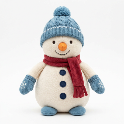Snowman plush concept with blue hat and cranberry scarf on white background