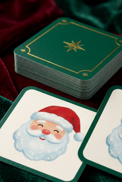 Merry Match Christmas Picture Pairing Cards — A Festive Tabletop Game Concept with Cheerful Santa Illustrations & Emerald Star-Pattern Backs