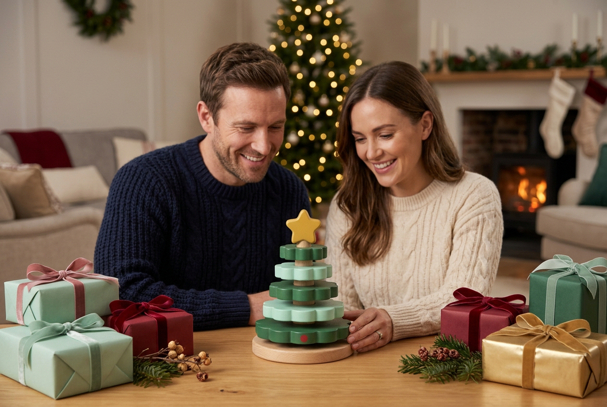 Evergreen Layers Christmas Tree Stacking Toy in Forest & Mint Green — A Star-Topped Festive Building Concept for Tabletop Play