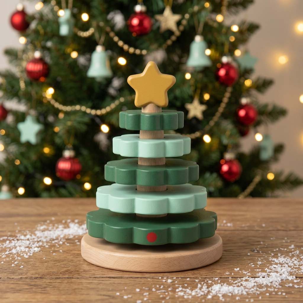 Evergreen Layers Christmas Tree Stacking Toy in Forest & Mint Green — A Star-Topped Festive Building Concept for Tabletop Play