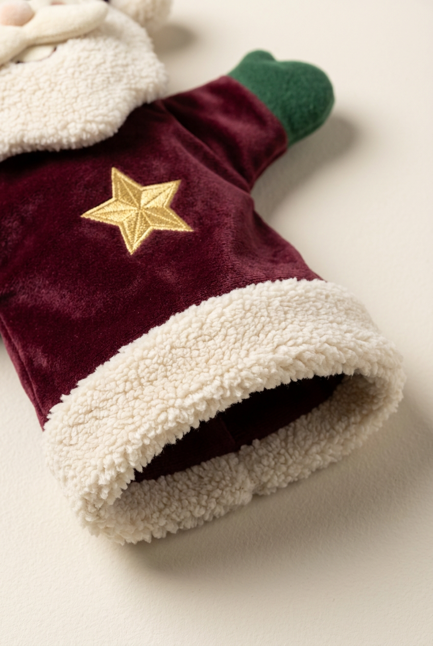 Christmas Curtain Call Santa Hand Puppet — A Burgundy & Ivory Storytelling Character Concept with Green Mittens and a Golden Star