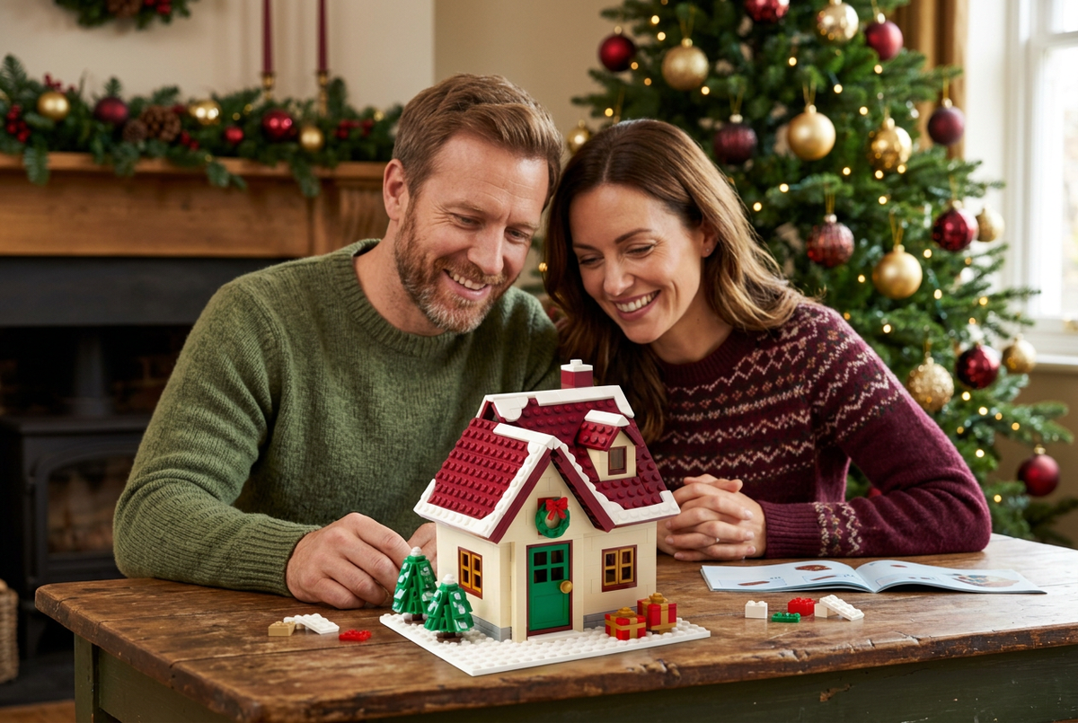 Snowfall Cottage Christmas Building Block Toy — A Red-Roofed Holiday House Concept with Wreath Doorway, Snowy Trees & Gift Details
