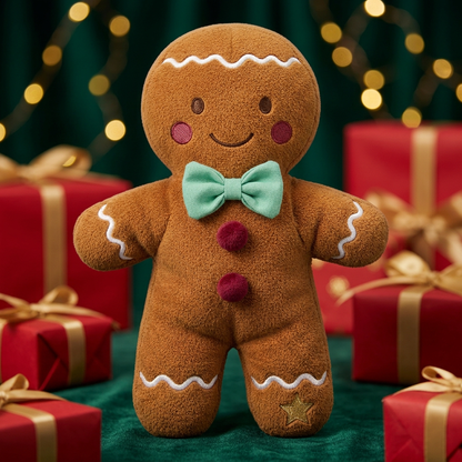 Gingerbread Wanderer Christmas Plush Doll — A Caramel-Colored Toy Concept with Mint Bow Tie, Cranberry Buttons & Icing-Inspired Details