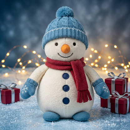 Snowday Letter Christmas Snowman Plush in Ice Blue & Cranberry — A Cheerful Winter Character for Festive Stories and Gifting