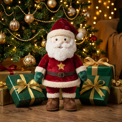 Golden Star Santa Plush — A Cheerful Christmas Companion in Festive Red, Emerald Green & Ivory