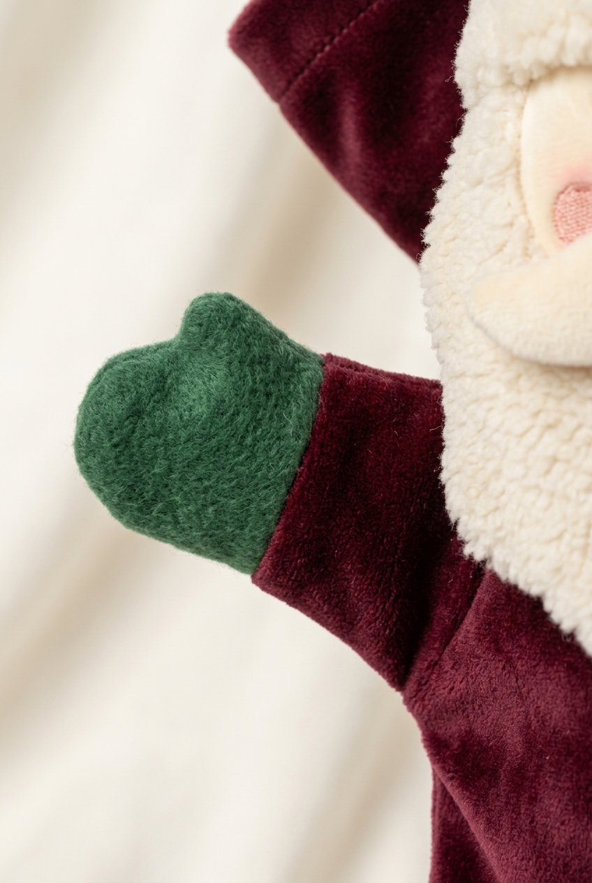 Christmas Curtain Call Santa Hand Puppet — A Burgundy & Ivory Storytelling Character Concept with Green Mittens and a Golden Star