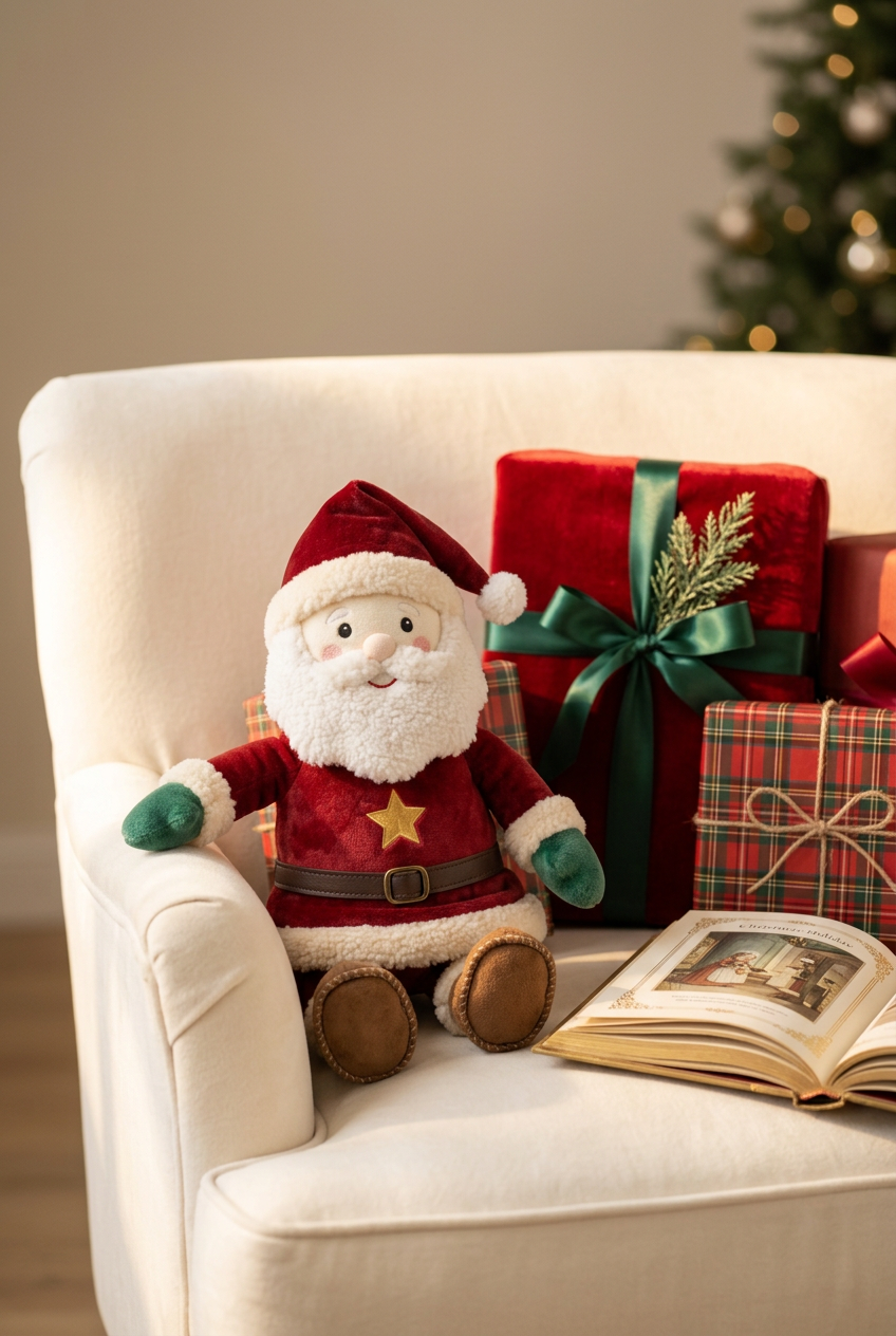 Golden Star Santa Plush — A Cheerful Christmas Companion in Festive Red, Emerald Green & Ivory