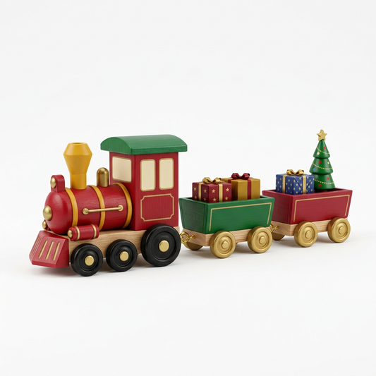 Christmas gift train concept with red engine and two colorful wagons on white
